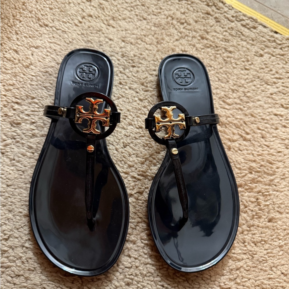 Tory Burch Black and Gold Miller Sandals